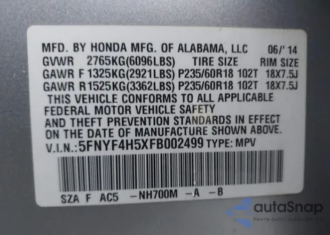 2015 Honda Pilot Ex-L из США, поврежденный, VIN 5FNYF4H5XFB002499